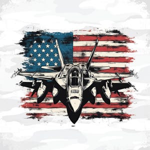May include: A detailed illustration of a jet fighter plane in front of a distressed American flag. The flag features red and white stripes and a blue field with white stars. The jet is black and white.