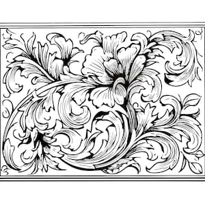 May include: Black and white floral design with intricate details. The rectangular artwork features a central flower surrounded by swirling leaves and vines, all within a framed border. The design is a classic, elegant style.