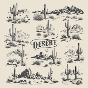 May include: A set of black and white illustrations of desert landscapes featuring cacti, mountains, and the word "DESERT".