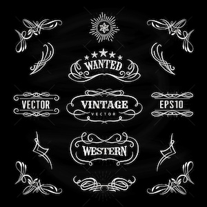 Puede incluir: Un conjunto de 12 elementos de diseño de estilo western vintage en blanco sobre fondo negro. Los elementos incluyen marcos ornamentados, florituras, estrellas y las palabras "WANTED", "VINTAGE", "WESTERN", "VECTOR" y "EPS10".