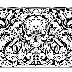 May include: Black and white illustration of a skull with intricate floral and leaf designs. The skull is centered, with detailed eye sockets, teeth, and nose. The surrounding floral elements create a symmetrical, ornate border.