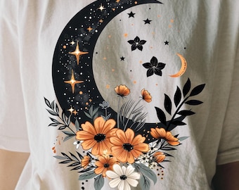 Boho Celestial Moon PNG: Witchy Wildflower Halloween-ontwerp (digitale download)