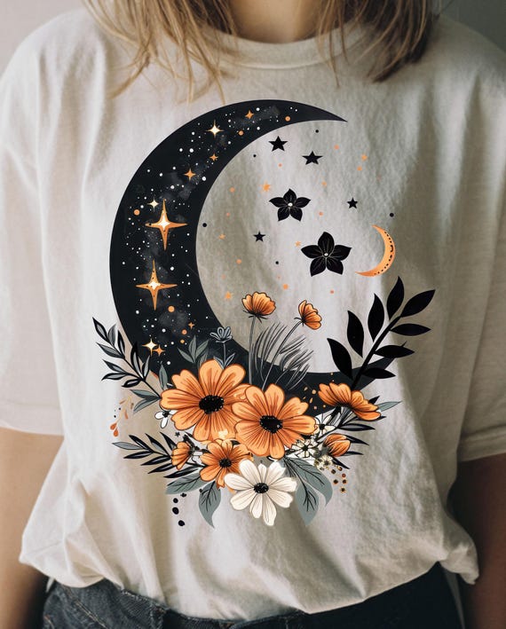 Boho Celestial Moon PNG: Witchy Wildflower Halloween Design (Digital Download)