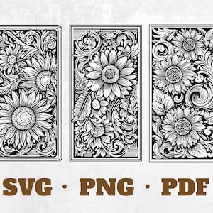 Może przedstawiać: Trzy czarno-białe prostokątne wzory z szczegółowymi ilustracjami słoneczników i bogatymi wzorami kwiatowymi. Wzory są oprawione i zawierają brązowy tekst "SVG • PNG • PDF".