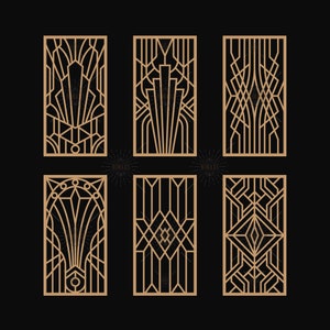 May include: Set of six geometric art deco style decorative panels. The panels are made of a light brown material and feature intricate geometric designs.