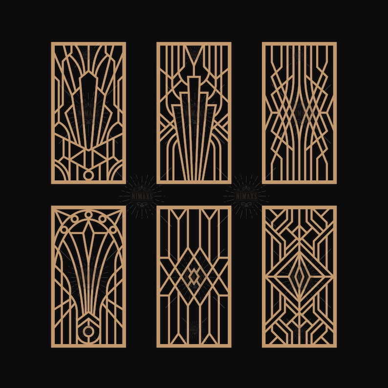 May include: Set of six geometric art deco style decorative panels. The panels are made of a light brown material and feature intricate geometric designs.
