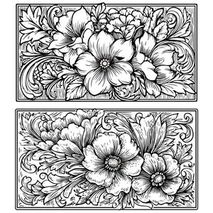 Pode incluir: Dois desenhos florais retangulares em preto e branco. Cada desenho apresenta uma arte linear detalhada de flores, folhas e ornamentos ornamentais dentro de uma moldura retangular. As flores têm múltiplas pétalas.