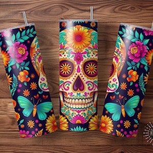 Neon Sugar Skull Tumbler Wrap PNG – Day of the Dead Sublimation Design with Bright Flowers and Butterflies, 20oz Skinny Tumbler