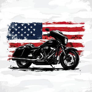 May include: Black motorcycle with a fairing, saddlebags, and a detailed engine, set against a backdrop of the American flag. The flag features red and white stripes and a blue field with white stars. The image has a grunge style.