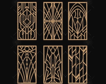 May include: Six different geometric designs in a gold color, each design is in a rectangular frame. The designs are all different, but they all have a similar art deco style.