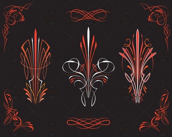 May include: A set of three pinstriping designs in red, white, and orange. The designs are intricate and detailed, with a variety of curves and swirls. These designs are perfect for adding a touch of style to any project.