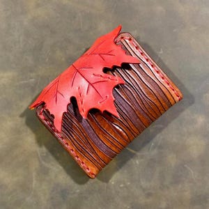 Elven Leaf Wallet, Handmade Leather Wallet, Forest Fairy Wallet, Red Leaf
