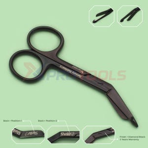 May include: Black surgical scissors with rounded finger holes and a curved blade. The scissors have the text "Germany Stainless CE" and "Sheila" engraved on the handle. The finish is diamond black with a 3-year warranty.