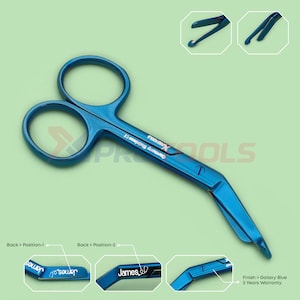 May include: A pair of blue surgical scissors with large finger loops and a curved blade. The scissors have the text "Germany Stainless CE" and "X-TOOLS" printed on the blade. The finish is Galaxy Blue with a 3-year warranty.