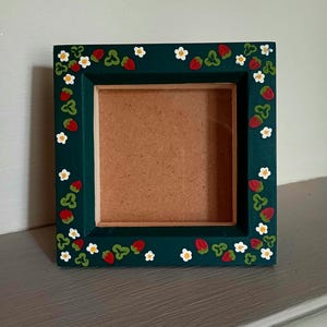 Hand-Painted Strawberry Plant on Dark Green 3x3" Pine Square Box Frame - Handmade Cottagecore Floral Nature Boho Indie Gift Memory Keepsake