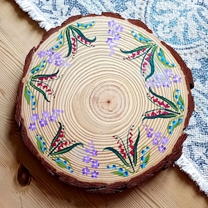 Hand-Painted Spring Flowers Wood Log Pot Stand Decorative Tray Round Log Circle - Centrepiece Event Wedding Table Decoration Rustic Handmade