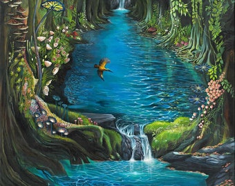 River Forest Painting Kingfisher | Fantasy World | titled 'River to Eden' | Archival Fine Art Print, Fantastic