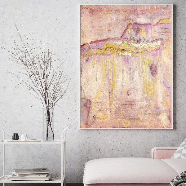 Grande peinture originale Art abstrait à la feuille d'or Au-dessus du lit Art mural rose blush Peinture verticale sur toile Tableaux peinture abstraite