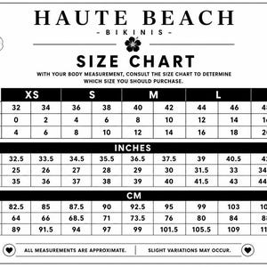 May include: A black and white size chart for Haute Beach Bikinis featuring a hibiscus flower graphic. The table displays XS to XL sizes with corresponding EU, US, and UK size conversions, plus bust, waist, and hip measurements in inches and centimeters.