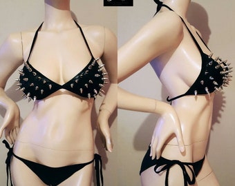 Bikini gótico con púas Traje de baño gótico Traje de baño punk de dos piezas Traje de baño sexy para mujer Ropa de vanguardia negra Diseñador de alta costura