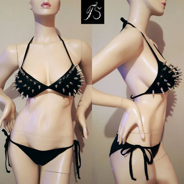 Goth Bikini with Spikes Gothic Swimsuit Two Pieces Punk Bathing Suit Women Sexy Swimwear Black Avant Garde Clothing Designer Couture