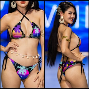 Synthwave Hawaii Bikini Bathing Suit Women Colorful Palms Aesthetic Vaporwave Clothing Rainbow Swimsuit Tropical Swimwear