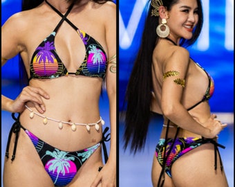 Traje de baño bikini Synthwave Hawaii para mujer - Ropa Vaporwave con estética de palmeras coloridas - Traje de baño arcoíris, traje de baño tropical