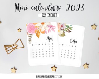 2023 Mini Calendars | Instant download | Printable | 3x4 inches | Floral calendar | Desk Calendar | Office Calendar