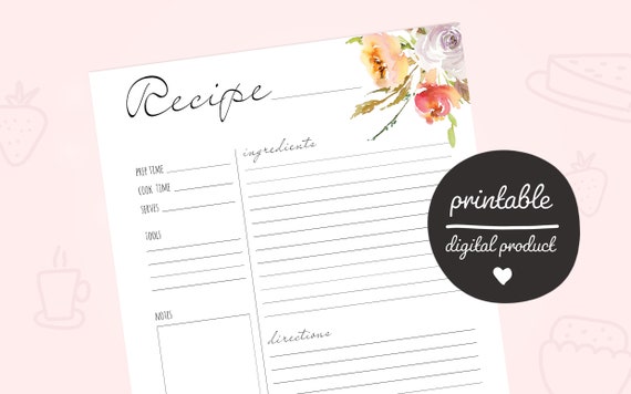 Recipe Card Printable Recipe Card Instant Download Recipe | Etsy