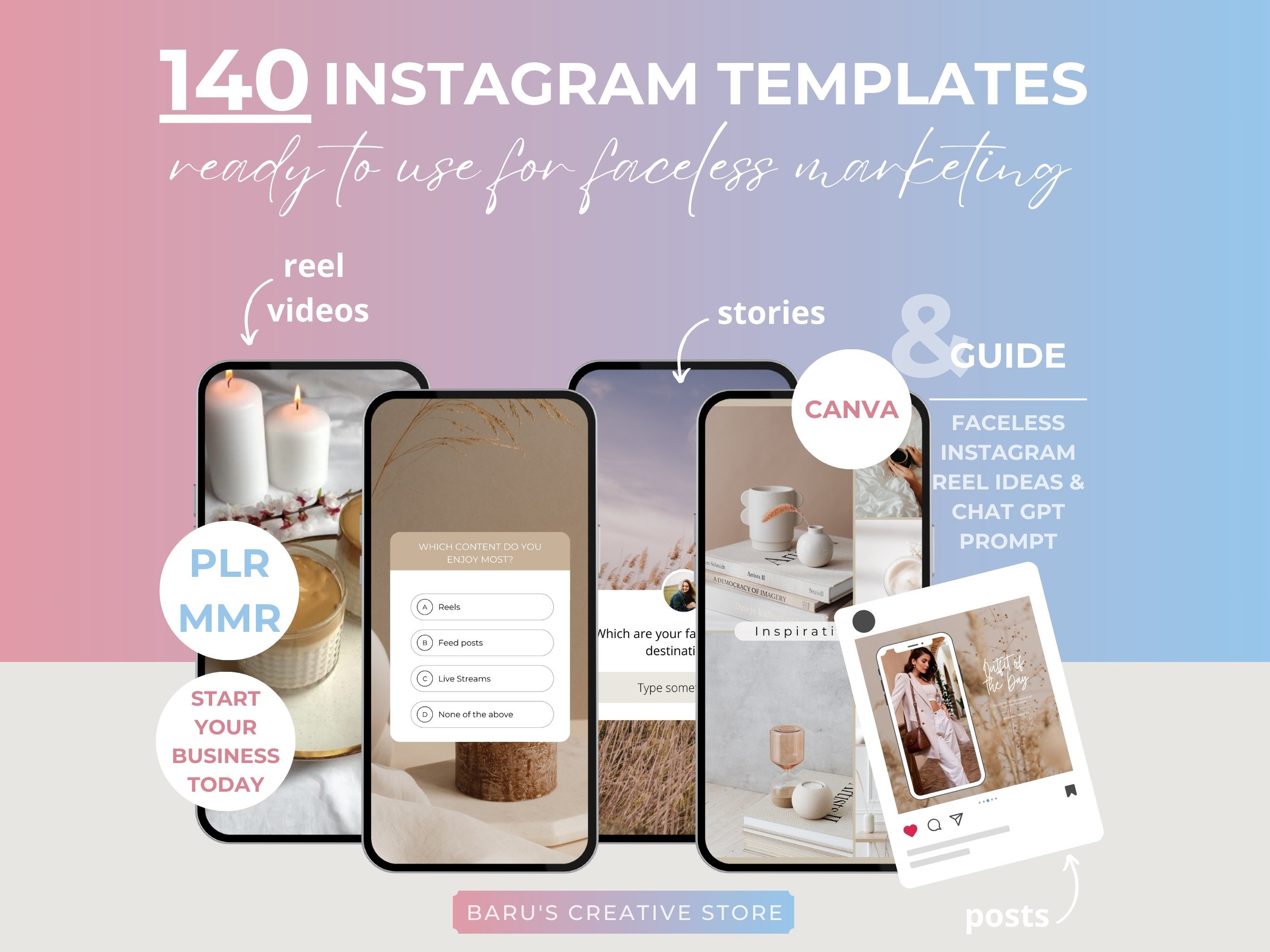 100 Faceless Instagram Reels Ideas and Aesthetic Templates Bundle