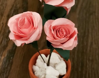 Tiny Handmade Paper Rose Bouquet (3 roses ) in adorable 1.5 inch terracotta plant pot