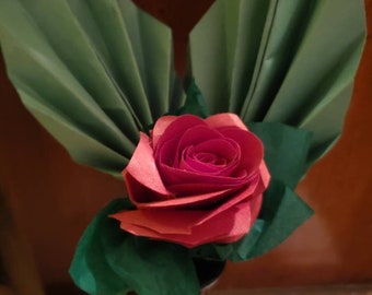 Handmade Paper Rose in Vase (1 or 3 roses)