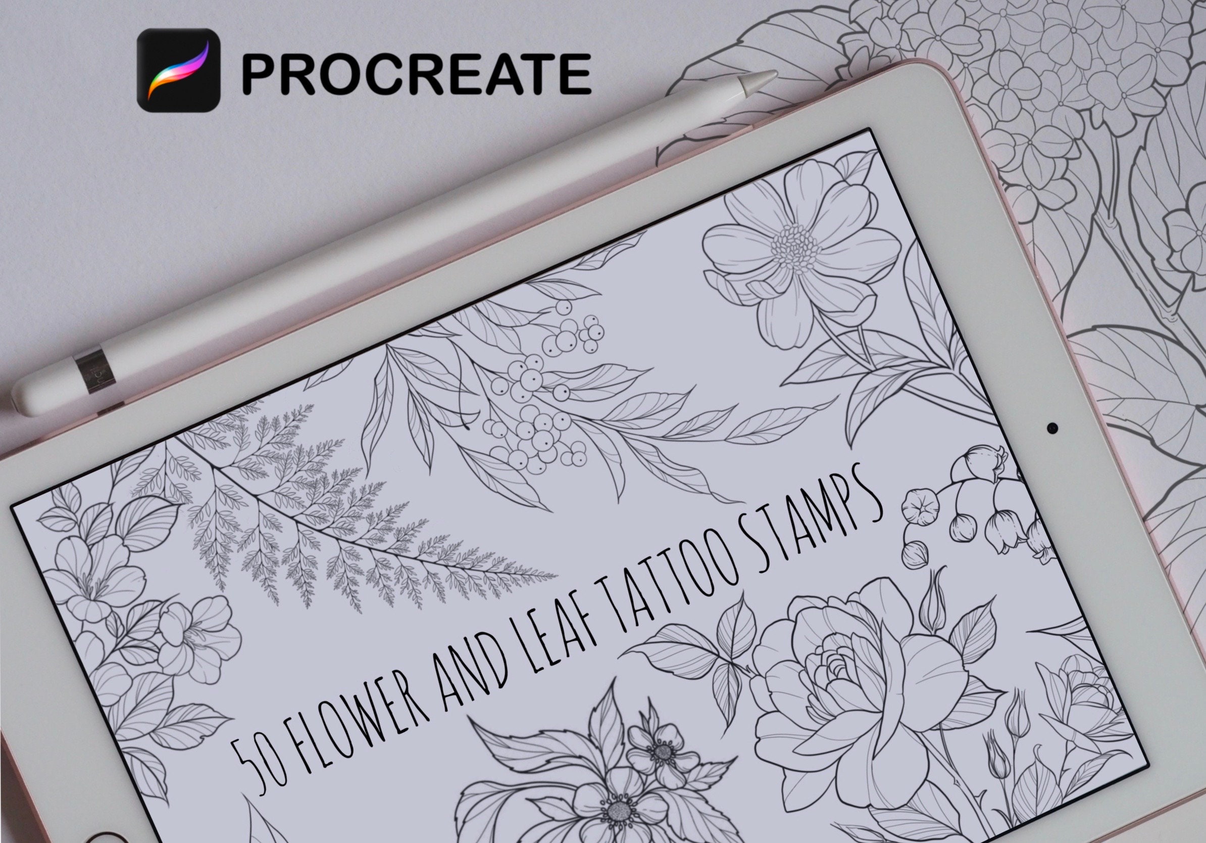 Flower & Leaf Tattoo Procreate Stamps Brush Set – 50 Instant-Use Tattoo Design Brushes
