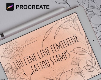 100 Feminine Fine Line tattoo procreate stamp set, delicate ornaments and flowers brush set