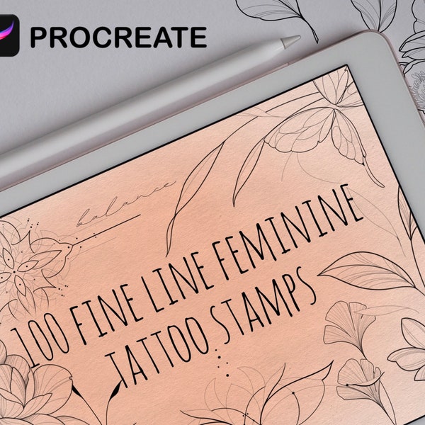 100 Feminine Fine Line Tattoo Procreate Stempelset, zarte Ornamente und Blumen Pinselset