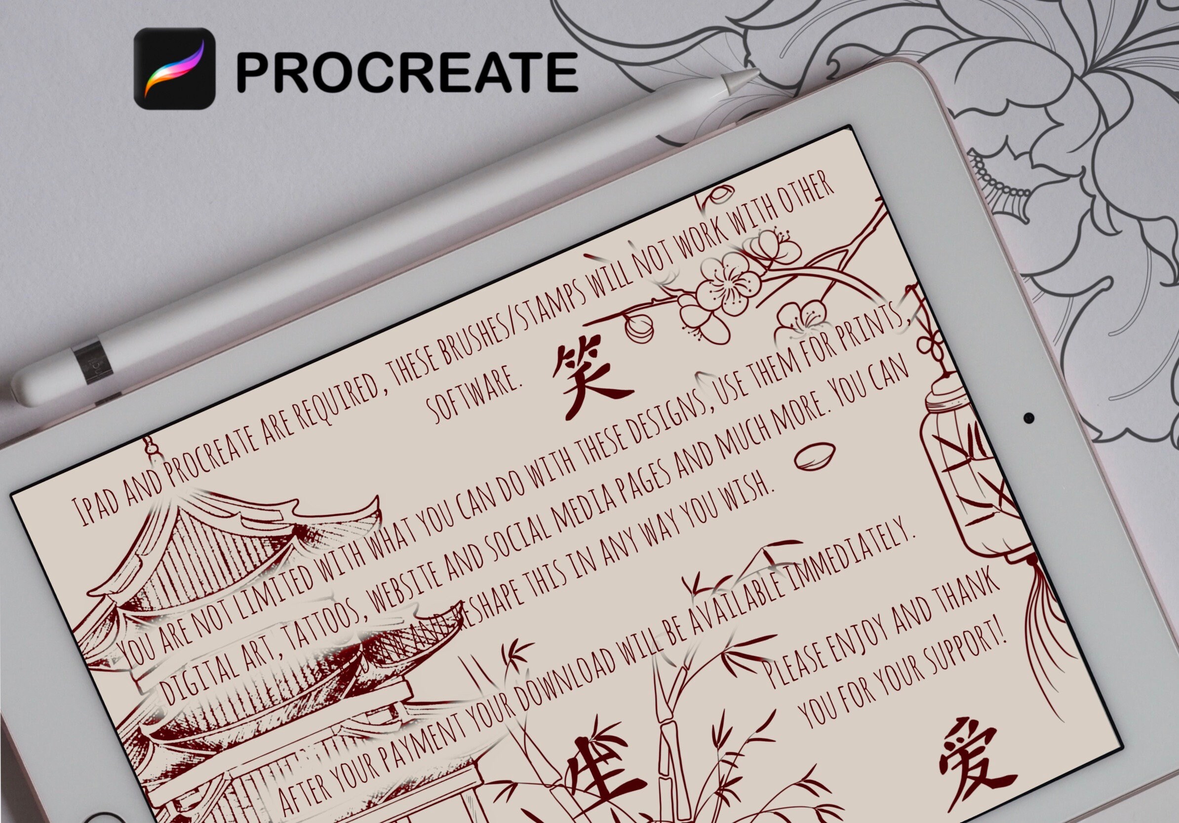 80 Japanese Style Procreate Stamp Set, Tattoo Brush Set, Seamless ...