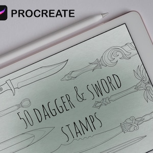 May include: A digital illustration of 50 dagger and sword stamps for the Procreate app. The image shows a white tablet with a stylus and a variety of black and white dagger and sword designs.