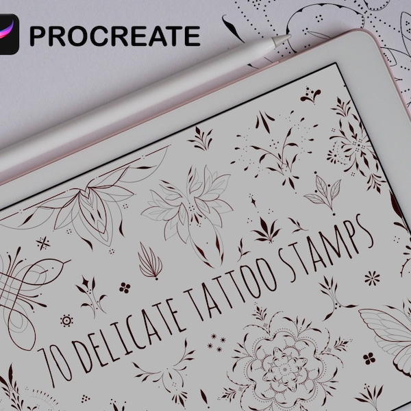 70 Zarte Tattoo Procreate Stempel, Ornament Pinsel Set