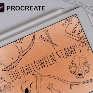 May include: A digital illustration of 100 Halloween stamps on a tablet screen. The stamps are black and white line drawings of various Halloween themes, including a skull, a spider, a witch's hat, a cauldron, and a spooky book. The text "100 HALLOWEEN STAMPS" is displayed on the screen.