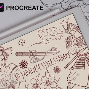 May include: A digital illustration of 80 Japanese style stamps on a tablet screen. The stamps include a samurai warrior, a geisha, flowers, clouds, and a sword. The text "80 Japanese Style Stamps" is visible on the screen.