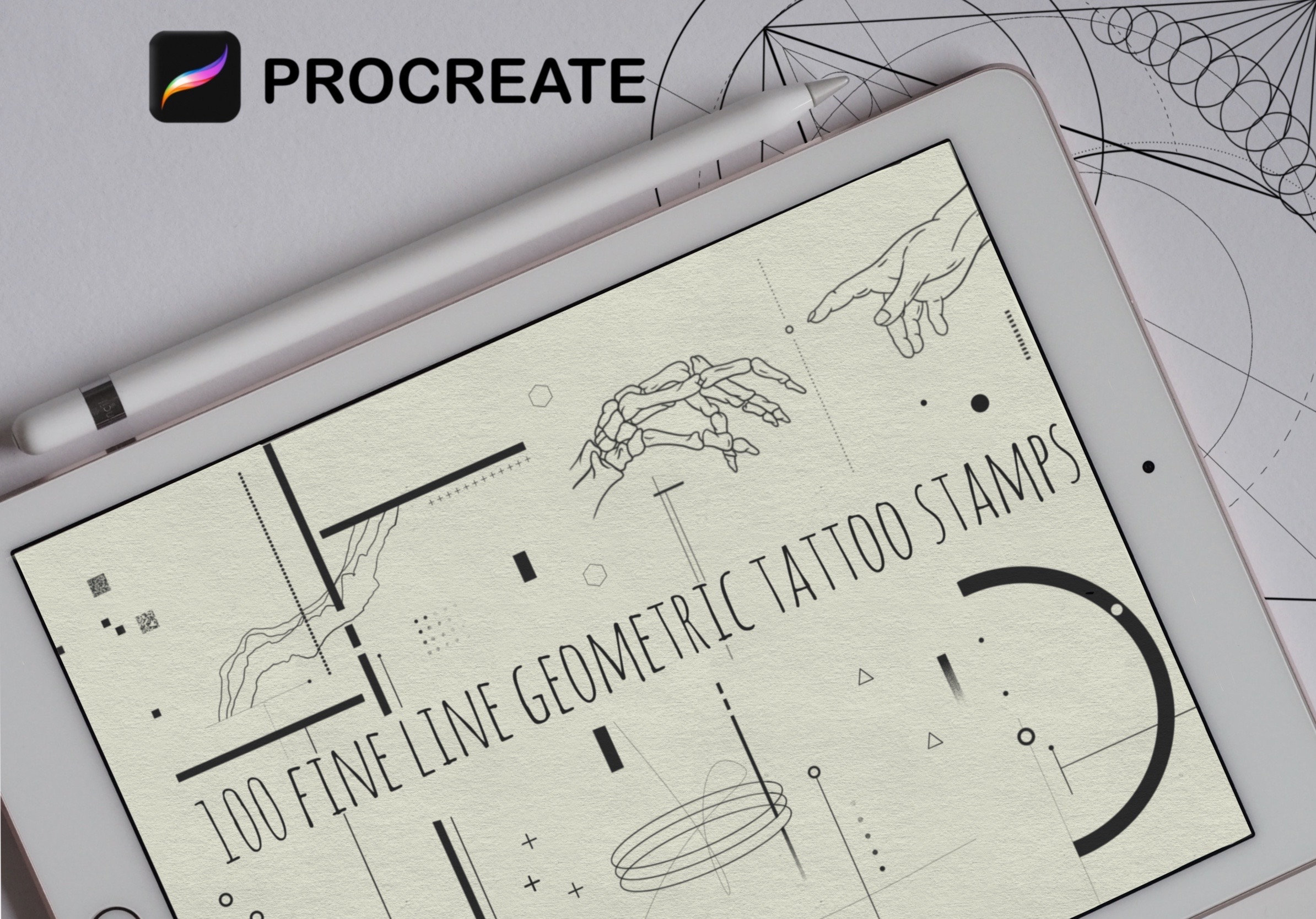 100 Sellos de Procreate de Tatuaje de Línea Fina Geométrica | Formas Minimalistas y Plantillas