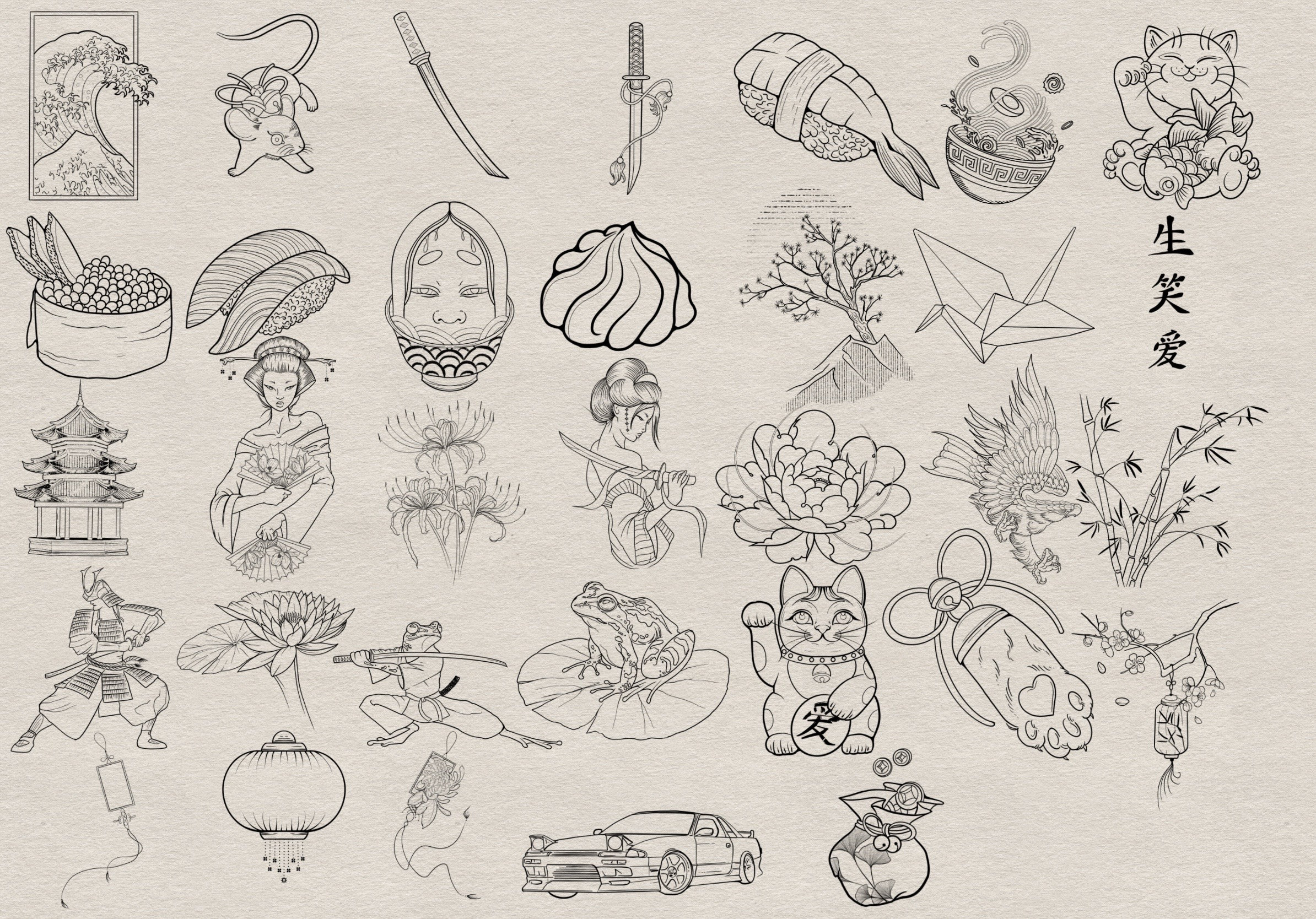 80 Japanese Style Procreate Stamp Set, Tattoo Brush Set, Seamless ...