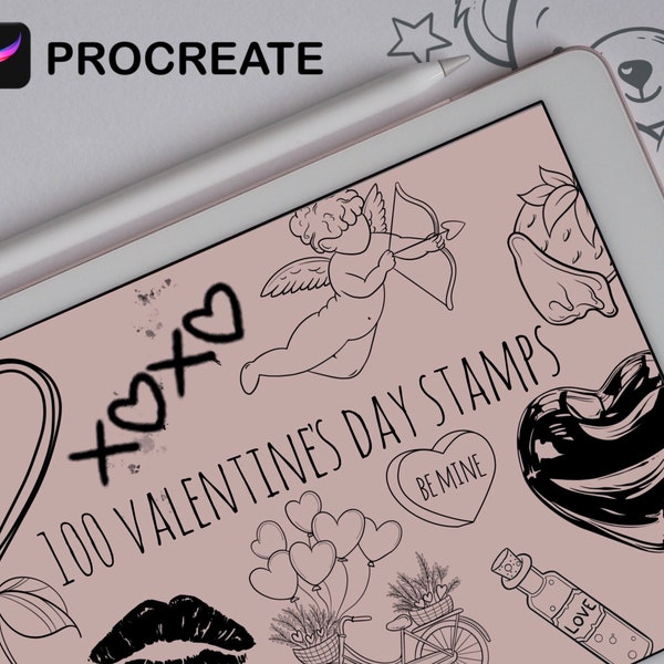 100 Valentine's day Procreate stamps, Love doodles brush set