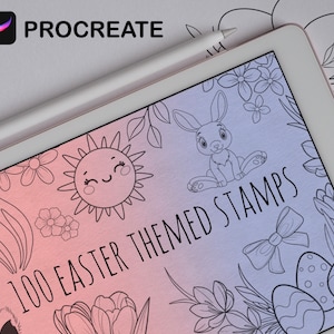 May include: A digital illustration of 100 Easter themed stamps for Procreate. The image shows a variety of stamps including a bunny, a sun, flowers, eggs, and a bow. The stamps are in black and white and are on a pink and purple gradient background.