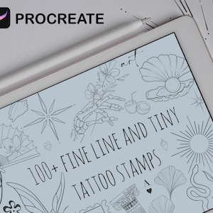 May include: A digital tablet screen displaying a collection of 100+ fine line and tiny tattoo stamps for the Procreate app. The stamps feature various designs, including a skeleton hand, a seashell, a sun, a fan, and a ginkgo leaf.