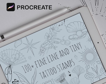 Plus de 100 tampons Procreate, petits tatouages et traits fins, jeu de pinceaux