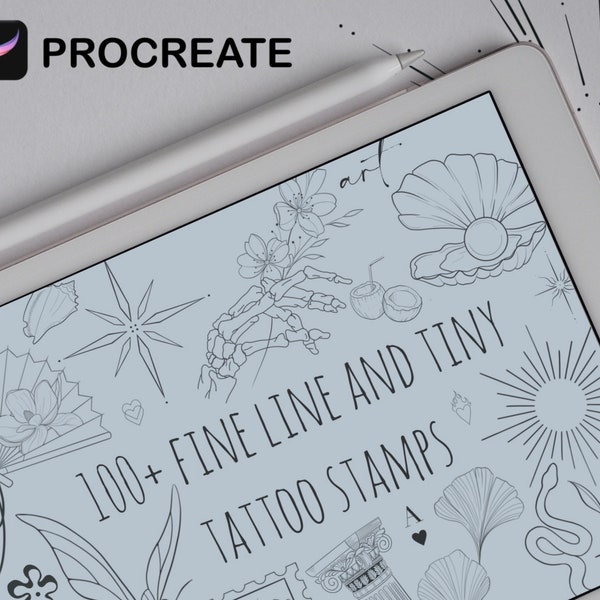 100+ Procreate feine Linien und kleine Tattoo Stempel, Pinselset