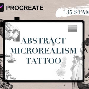 Può includere: Un'illustrazione digitale di uno schermo di tablet con il testo "ABSTRACT MICROREALISM TATTOO" su uno sfondo bianco. Il tablet è circondato da varie immagini, tra cui un telefono vintage, un uccello e un viso di donna. Il testo "135 STAMPS" è visibile nell'angolo in alto a destra dell'immagine.