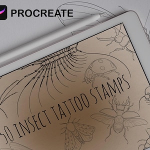 May include: A digital illustration of 50 insect tattoo stamps on a tablet screen. The image shows a variety of insects, including a spider, a centipede, a ladybug, a moth, and a beetle. The text "50 INSECT TATTOO STAMPS" is displayed on the screen.
