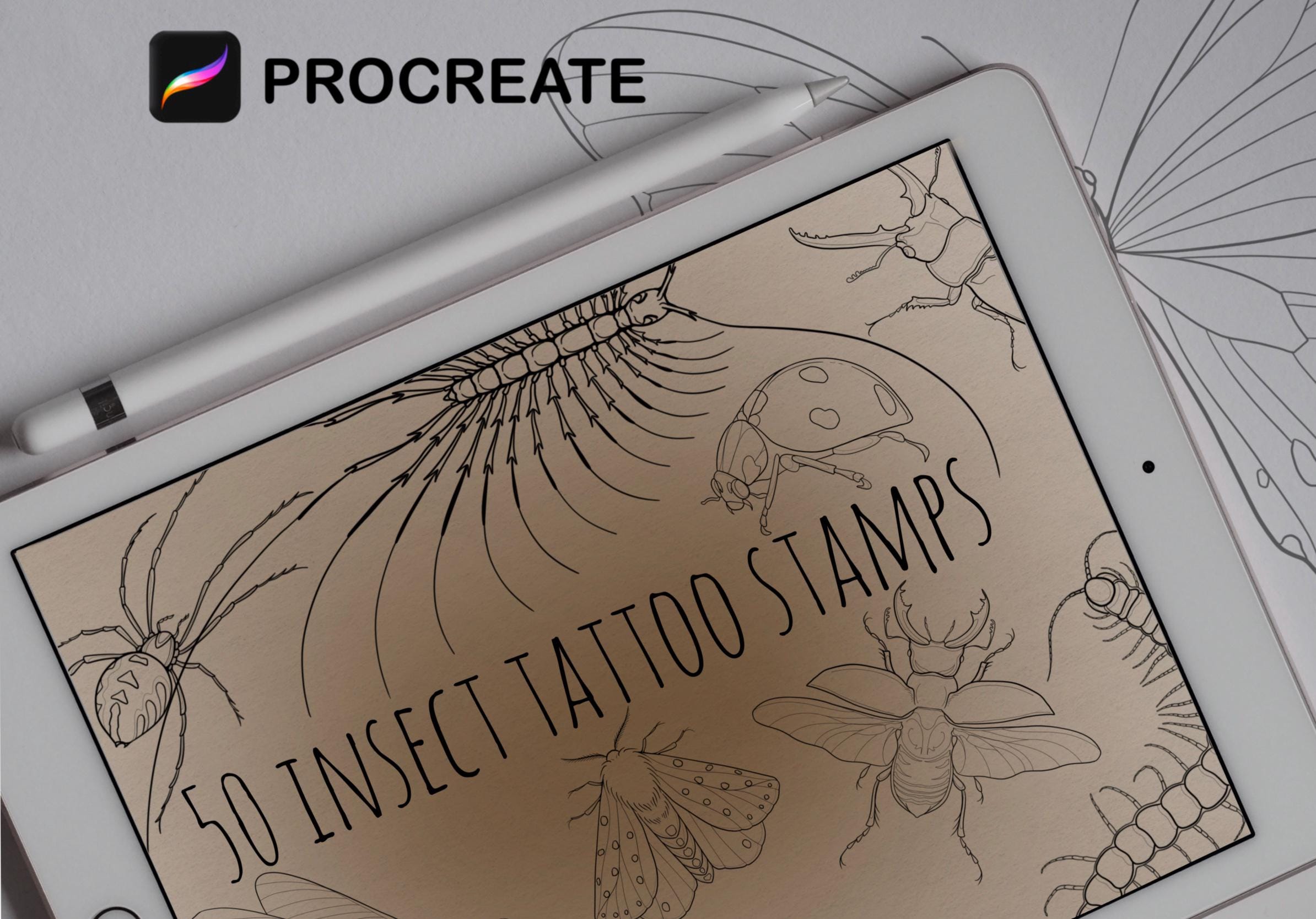 50 sellos de tatuaje de insectos para Procreate – Set de pinceles de bichos y mariposas (hecho a mano)